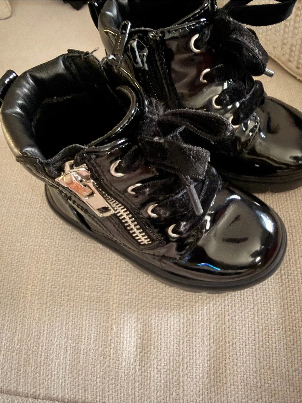 wonder nation Black Patent Lace-Up Ankle Boots with Velvet Laces
